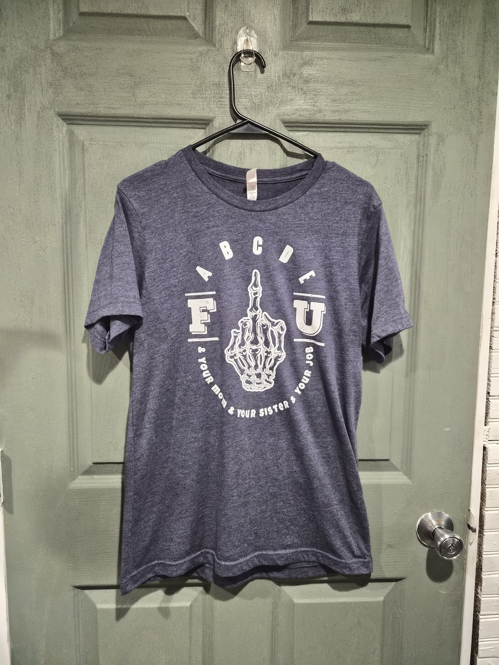 Womens Navy Graphic Crewneck T-Shirt - ABCDE Skull Hand Design